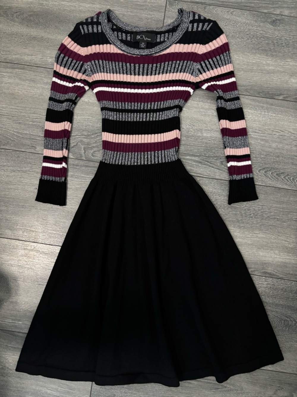BCX dress | Black Knit Dress with Striped Top
